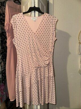 ELLE Light Pink Polka Dot Faux-Wrap Tiered Midi Dress